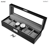 Boîte à montres pour hommes, étui de rangement pour montre en cuir PU noir, style vintage, 6 grilles - SortWise™ 