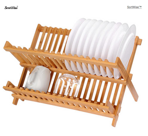 Dish Rack Drying Rack Collapsible Compact Plate Organizer Bamboo Dish Drainer Storage - SortWise™