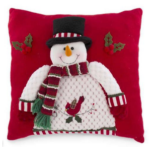 Square Decorative Snowman on Red Cushion Used for Sofa and Bed, 14" x 14", 1Pc