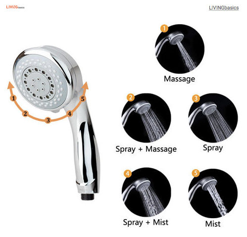 5 Function Luxury Handheld Shower Head Replacement Part, High Pressure Light Chrome