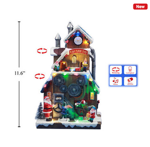 Xmas 11.6'' Poly LED Scene Elf Made Toys House with Turning & Music