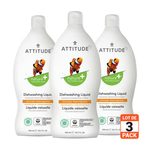 Savon à vaisselle naturel ATTITUDE, liquide vaisselle biodégradable ECOLOGO®, 700 ml, paquet de 3, zeste d'agrumes